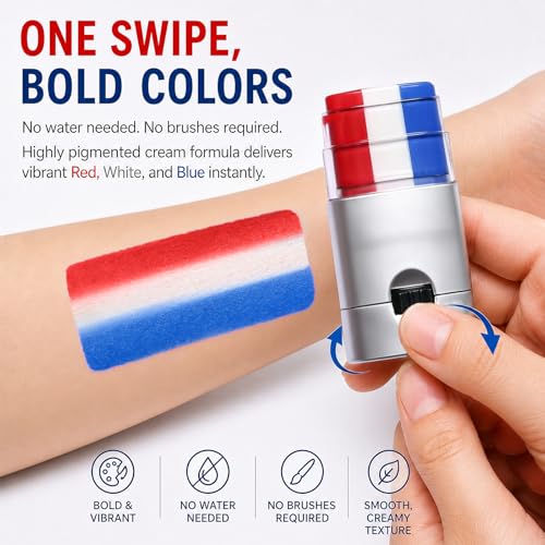 3-in-1 Red White Blue Face Paint Stick, Waterproof Sports Makeup