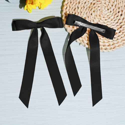 2PCS Black Hair Bows Solid Satin Polyester Ribbon Bow Hair Clips Ponytail Big French Hair Barrettes with Long Tail Wedding Dress Decor Hair Accessories for Women Toddler Teen Girls