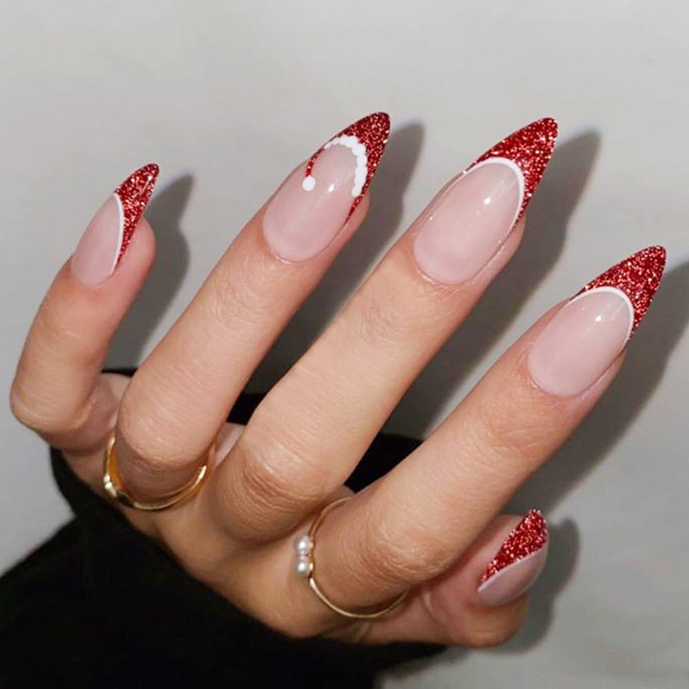 Christmas Almond Press On Nails Red French Tip Fake Nails Christmas Hat Design Glitter False Nails Full Cover Acrylic Nails Winter Xmas Glue on Nails Decoration for Women 24Pcs