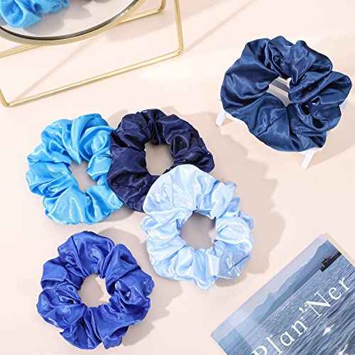 Whaline 10Pcs Blue Satin Fabric Hair Ties Bulk Ponytail Holders Scrunchies Elastic Hair Bands for Women Girls Teens Party Gift Favors