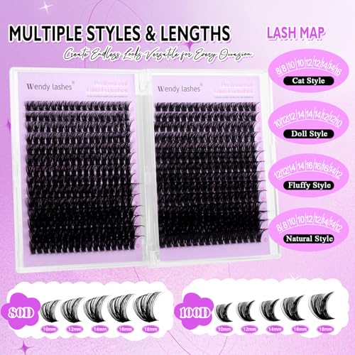 WENDY LASHES Lash Clusters 80D+100D Eyelash Clusters 462PCS Wispy Individual Lashes, 10-18MM D-curly Lash Extension DIY Cluster Eyelash Extensions for Beginners
