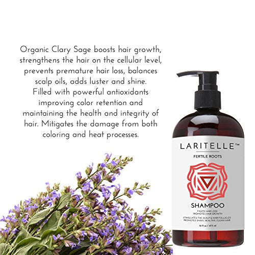Laritelle Organic Shampoo Fertile Roots 17.5 oz ? Fights Hair Loss & Promotes Healthy New Growth with Lavender, Ginger, Rosemary, Patchouli, Clary Sage ? Strengthens, Nourishes & Balances Scalp