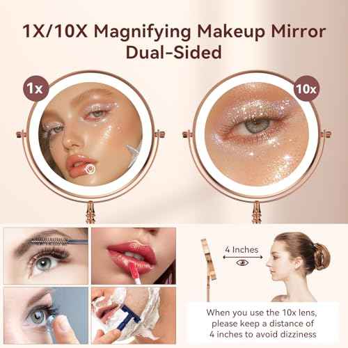 Nicesail 1X/10X Magnifying Mirror with 3 Color Dimmable Lighting, Makeup Mirrors Light up and Magnified with 360 Rotation for Table, Rose Gold(8 Inch, 10X Magnification)