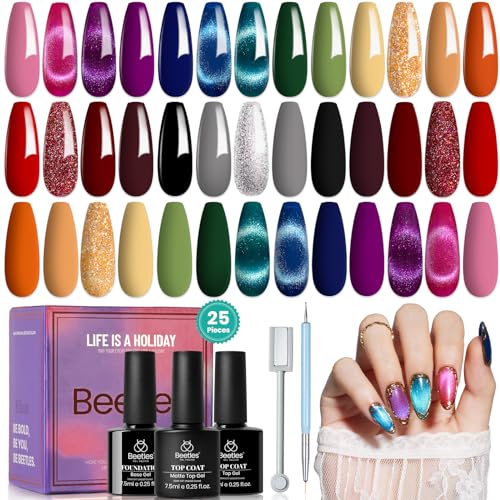 Beetles Magnetic Gel Nail Polish Set, 20 Colors Red Purple Orange Blue Cat Eyes Gel Polish Set Magnetic Gel Nail Polish with Double-ended Pen and Magnet Gel Manicure Kit Soak Off UV for Women