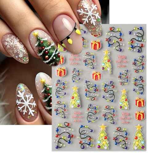 2 Sheets Embossed Christmas Nail Stickers, 5D Colorful Light String Self-Adhesive Nail Art Decals for Women Girls DIY Winter Xmas Tree Manicure