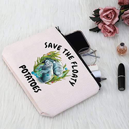 G2TUP Manatee Lover Gift Save The Floaty Potatoes Manatee Makeup Bag Manatee Mom Cosmetic Bag Ocean Animal Lover Gift Sea Cow Travel Bag with Zipper (Save The Floaty Potatoes White Bag 1.0)