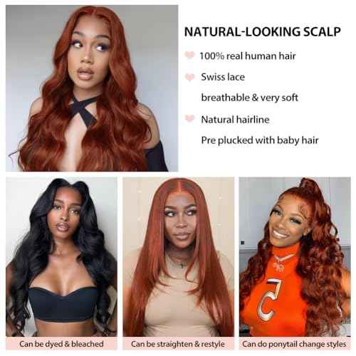 180% Density Reddish Brown 13x6 Lace Front Wigs Human Hair Pre Plucked 13x6 HD Transparent Body Wave Lace Front Wigs For Women Ginger #33 Colored Brazilian Virgin Hair Glueless Wigs Human Hair 24Inch