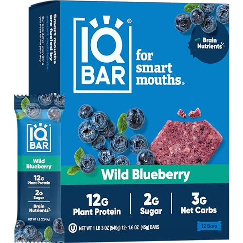 IQBAR Brain and Body Plant Protein Bars - Wild Blueberry - 12 Count, Low Carb, High Fiber, Gluten Free, Healthy Vegan Snacks - Low Sugar Keto Bar Pack