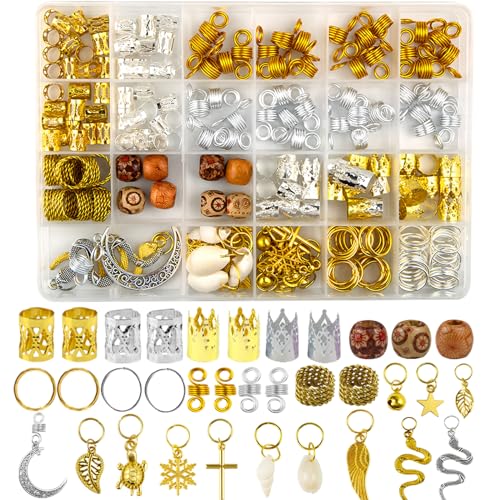 Qingchuang 241 PCS Hair Jewelry for Braids, Locs Metal Gold and Silver Clips Shells Imitation Wood Beads, Adjustable Cuffs Braiding Hair Rings Decoration, Dreadlock Beads for Girls