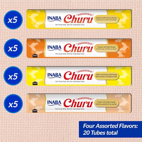 INABA Churu Cat Treats, Grain-Free, Lickable, Squeezable Creamy Purée Cat Treat/Topper with Vitamin E & Taurine, 0.5 Ounces Each Tube, 20 Tubes, Chicken & Beef Variety Box