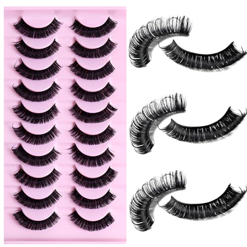 LuckForever 10 Pairs False Eyelashes Russian Strips Eye Lashes Wispy False Lash Fluffy Eyelash Extension Natural Look D Curly Fake Eyelashes Reusable Volume Eye Lash for Women Girls