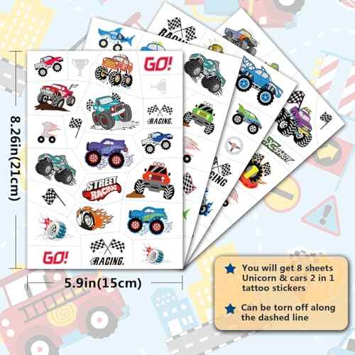 193pcs Unicorn & Truck Wheels 2 in 1 Kit Waterproof Temporary Tattoos Groovy Fake Tattoo for Kids Birthday Party Decoration, Star Smiley Rainbow Racing Car Flag Trophy Tattoo Stickers for Boys Girls