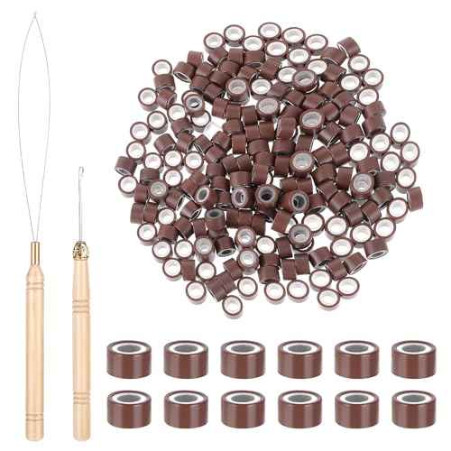 200Pcs Hair Extentions Beads 4mm Silicone Lined Micro Beads with Pulling Hook Needle, Bead Device Tool Kits for Hair Extensions(Dark Brown)