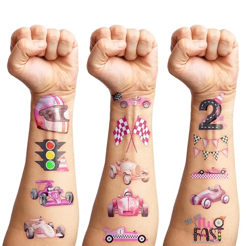 96 PCS Pink Race Car Pre-Cut Temporary Tattoos Birthday Party Decorations Supplies Favors Pink Two Fast One 1st Hot Checkered Decor Stickers Gifts For Boys Girls Classroom School Prizes Reward