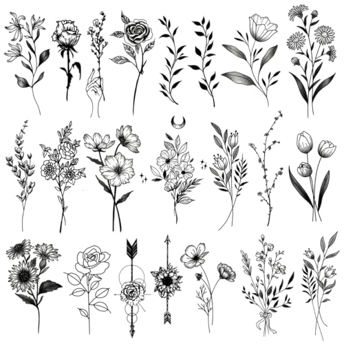 Black Floral Temporary Tattoos - Waterproof Realistic Flower Design