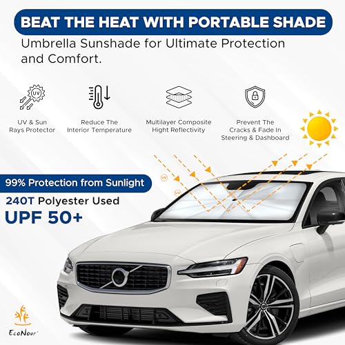 Econour Windshield Sun Shade Umbrella (Universal Fit) - Foldable Car,Truck Umbrella Sun Shade - Protects Your Vehicle Interiors from Sun Rays & Double Layer Windshield Cover (55"x31")