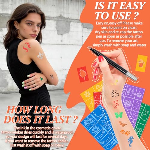MuseLuxe Temporary Tattoo Markers - 16 Color Pen Set with 100 Stencils