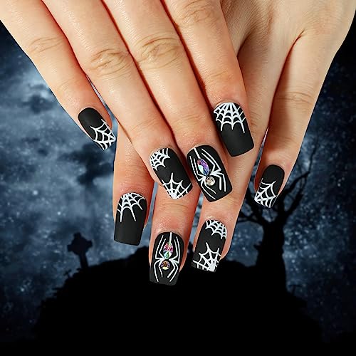 Halloween Press on Nails Short Fake Nails Full Cover Red French Tip Stick on Nails Artificial Nails with Blood Droplet Designs Square Acrylic Nails Glossy Glue on Nails for Women Girls 24pcs