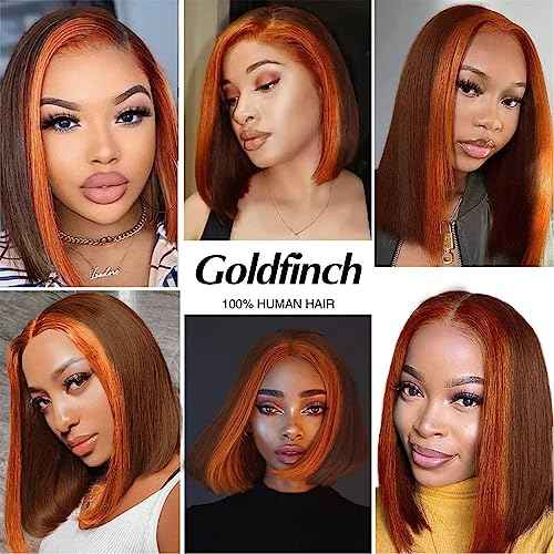 Ginger Orange Highlight Skunk Stripe Short Bob Wigs Human Hair Chocolate Brown Straight Bob Wigs Ombre 13x4 HD Lace Frontal Wigs Brazilian Virgin Human Hair Wig 150% Density Pre Plucked 10 Inch