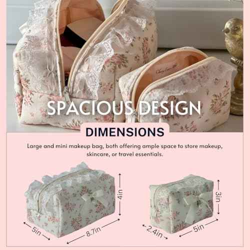 Floral Makeup Bag Set of 2 with Pearl Lace Bow + Silk Eye Mask, Coquette Accessories, Aesthetic Cute Makeup Bags for Women, Large & Small Pouch Set, Cotton Pouches for Purse, Gift Set for Women Girls