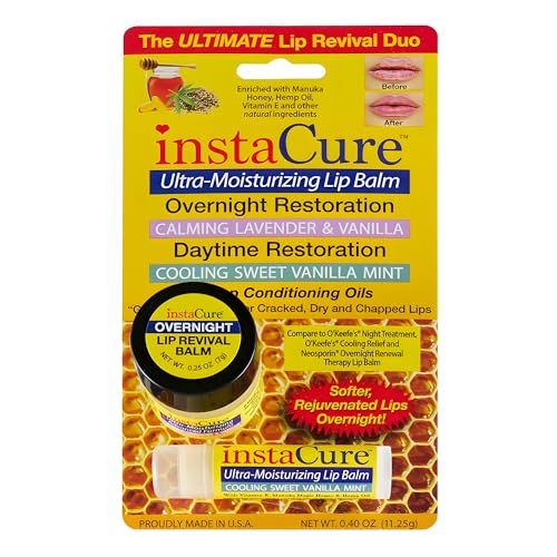 INSTACURE Ultra-Moisturizing Overnight Lip Revival Mask & Daytime Lip Restoration Balm Relief & Repair for Cracked, Dry Chapped Lips w/Manuka Honey, Hemp Oil & Vitamin E. Lavender & Vanilla Mint (2)