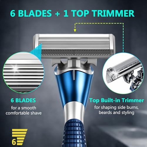 6-Blade Razor Refill Cartridges 12 Count, Professional Razor Blades for Men with Lubricating Strip, Wall Hook & Cleaning Brush Included for Smooth Shaving with Matching Handle