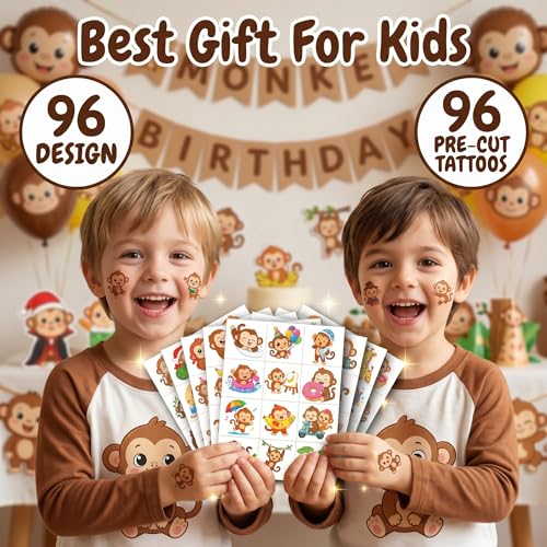 96 Monkey Temporary Tattoos for Kids - Jungle Animal Designs