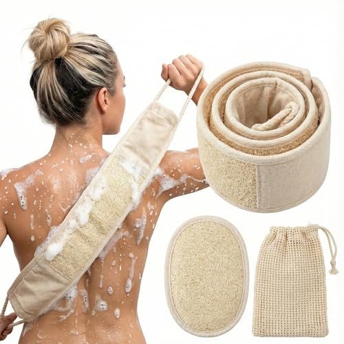 Natural Loofah Back Scrubber for Shower, Back Loofah for Women and Men, Exfoliating Loofah Sponge with Soap Bag, 3-pcs