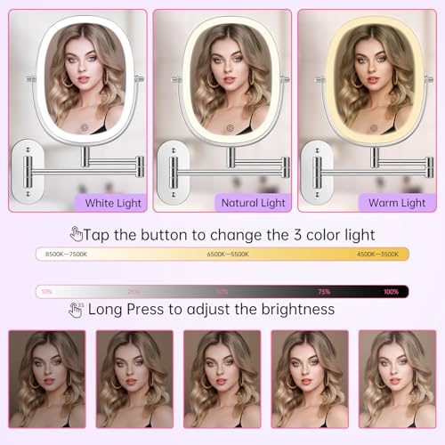 FUNTOUCH Wall Mounted Makeup Mirror with Light, Oval Rechargeable Double-Sided 7X/1X Magnifying Mirror, Vanity Mirror Dimmable 3 Color Light, 360¡Æ Extension Rotation Foldable 13.5 in