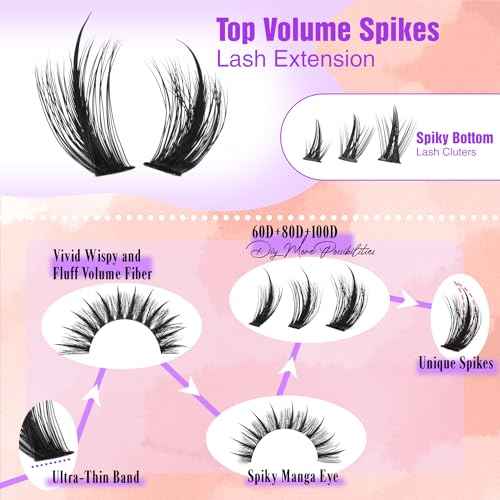 Volume Lash Clusters Spikes Cluster Eyelash Extensions 60D 80D 100D Thick Spiky Individuals Lashes 5-19mm Mega Wispy Eyelash Extension Fluff DIY D Curly Lash Extension with Bottom Lashes 296Pcs