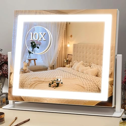 ROLOVE 16x12 Inch Vanity Mirror with Lights, Lighted Makeup Mirror with 10X Magnification, Smart Touch 3 Colors Dimmable, Dresser Mount, Bathroom (White)
