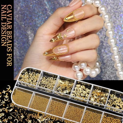 Teenitor Gold Nail Charms & Gems Set - 4 Box Nail Art Supplies Kit for Manicure