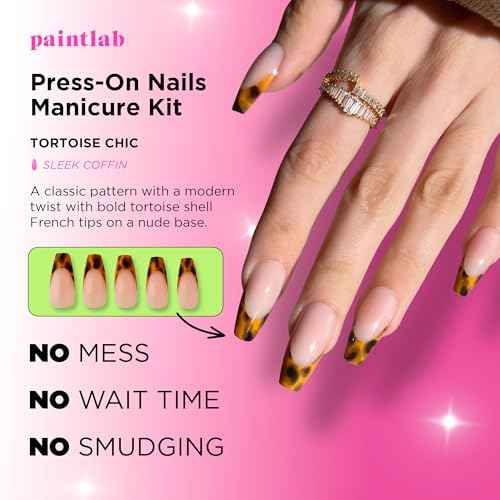 PaintLab Press-On Nails Manicure Kit, Tortoise Chic, 30-Piece Set, Long-Lasting Fake Nails with Glue, File, Prep Pad & Cuticle Stick