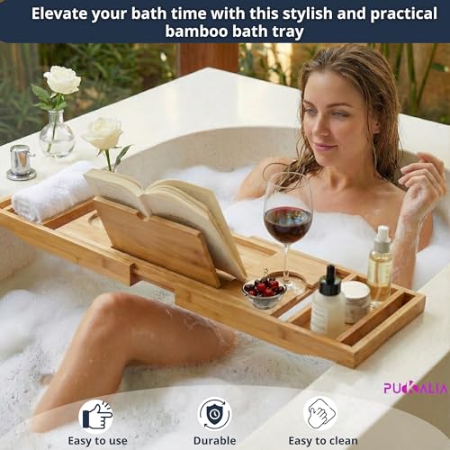 Bath Tray for Tub and Ergonomic Pillow Premium - Caddy Expandable 29 to 42.5 Inch -Foldable Bamboo Wood Tub Organizer - Luxury Bathtub Tray Wood Bamboo