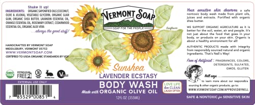 VERMONT SOAP Body Wash, Natural Body Wash with Shea Butter, Mild Gel Body Wash for Moisturizing and Soothing Skin, Fragrance Free Body Wash for Women & Men (Lavender Ecstasy, 12oz)