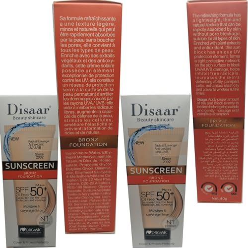 DISAAR BEAUTY Sunscreen SPF 50 PA+++ SPF 50+ Foundation Face Cream Body Skin Protection Anti-Aging Oil Control Moisturizing Care Removes Peeling 40g / 1.41oz