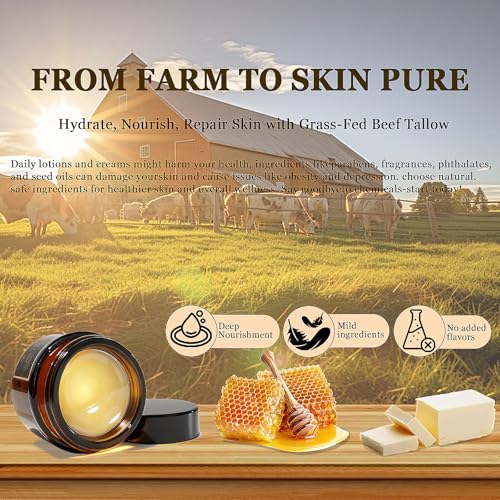 Organic Grass-Fed Tallow Honey Balm, Beef-Tallow for Skin Whipped Beef Tallow and HoneyBalm with Raw Honey - Natural Beef Tallow Face Moisturizer for Body & Face (2 Oz)
