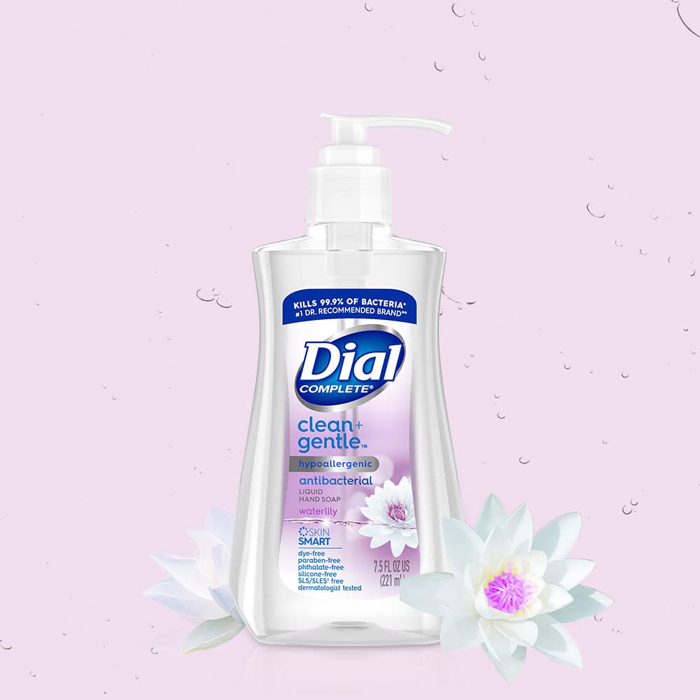 Dial Complete Clean + Gentle Antibacterial Liquid Hand Soap, Waterlily, 7.5 fl oz (Pack of 12)