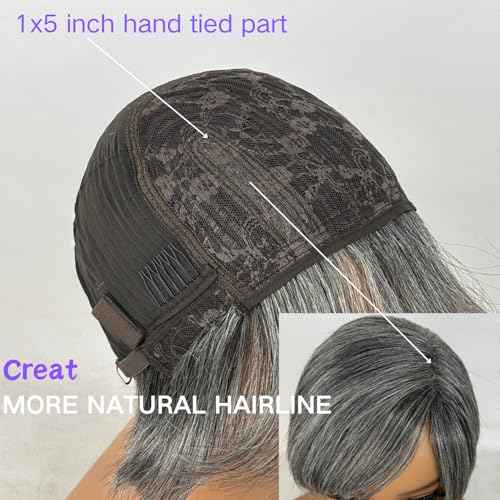 Salt and Pepper Pixie Cut Wigs Human Hair Short White Grey Pixie Cut Wigs Glueless Pixie Layered Lace Front Wig With Bangs Gray Straight Pixie Human Wear and Go Glueless Wig For Women