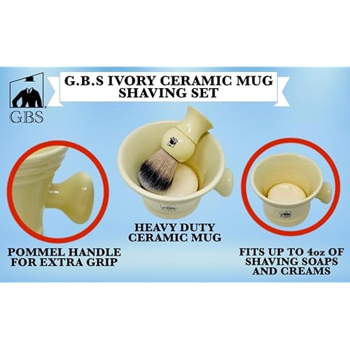 ?G.B.S Heavy Duty Ceramic Shaving Set ? Ivory Mug with Knob Handle, Faux Ivory Handle Brush, 3 oz Natural Long-Lasting Lather Soap ? Classic Wet Shaving Kit for Men