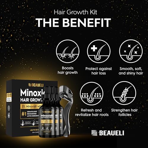Beaueli 3-Pack Minoxidil Beard & Hair Growth Kit 2 Fl Oz for Men & Women