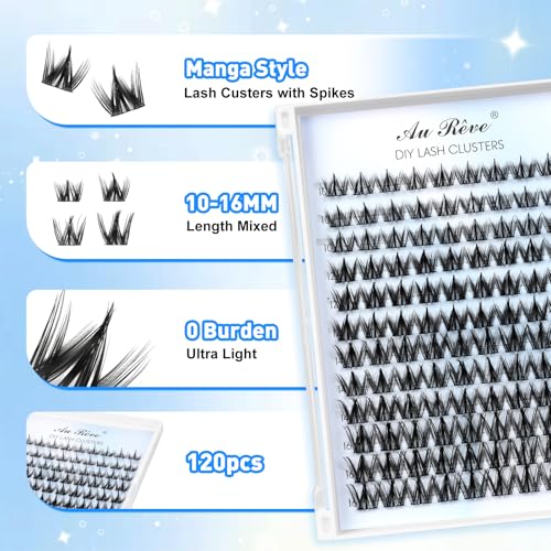 Lash Clusters Wispy Eyelash Clusters DIY Eyelash Extensions 10-16MM C Curl Natural Individual Lashes Fairy 120Pcs Manga Lashes Cluster, DIY Lash Extensions at Home (K02)