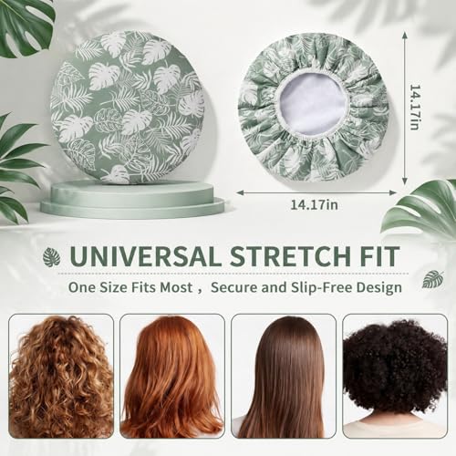 Jiuguva Large Green Waterproof Shower Cap for Women - Terry Lined, Vacation Style