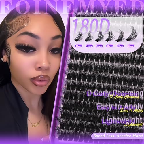 Thick Lash Clusters 180D Mega Volume Lash Extension 12-22mm Long Cluster Eyelashes Volume Individual Lashes D-Curly Faux Mink Eyelash Extension DIY Lash Extension for Beginners by FOINEMYED