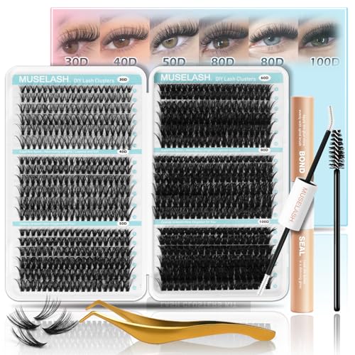 MUSELASH DIY Lash Clusters Kit 708 PCS ? Mixed 30D?100D C Curl Volume Lashes 8?16mm, Wide Band Individual Lash Extensions with Bond & Seal, Tweezers & Brush, At-Home Salon Lash Extension Set