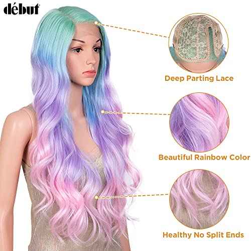 D?BUT Side Part Lace Front Wigs Colored Cosplay Synthetic Wavy Wigs Left Part Body Wave Lace Wig Heat Resistant Fiber Rainbow Color Wigs 29 Inches
