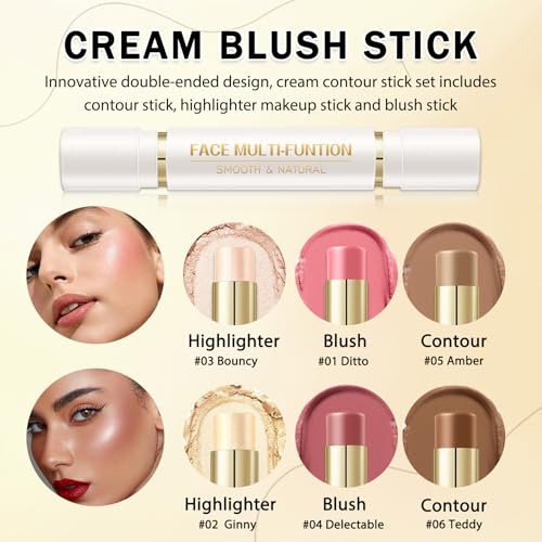 IONSGAKO 6-Color Cream Contour Stick Kit with Highlighter & Blush