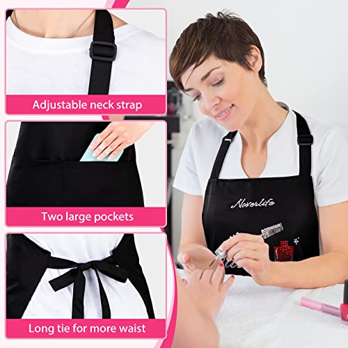 Noverlife Nail Artist Apron for Women, Adjustable Manicurist Bib Apron with Rhinestone Nail Polish Pattern, 2-Pocket Professional Nail Salon Cosmetology Apron with Neck Strap for Salon Nail Technician