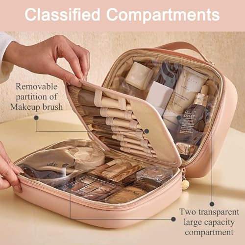Travel Makeup Bag Large Capacity Transparent Double Sided Cosmetic Bags with Makeup Brush Compartment- PU Waterproof Leather Makeup Toiletry Organizer Bag for Women,Pink