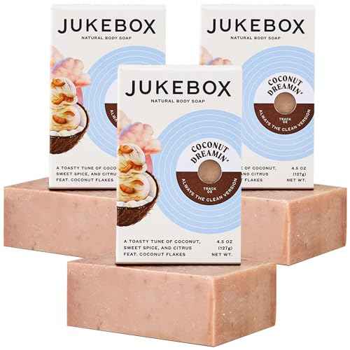 JUKEBOX Soap, Coconut Dreamin'-Natural Bar Soap for Women,Cold Process,Light Scrub, Bath Soap,No Harmful Ingredients,All Skin Types,Toasted Coconut,Sweet Spice,Citrus-A Dr. Squatch Brand-4.5oz, 3 Pack